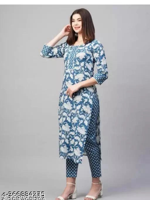Cotton Printed Kurti with Pant for Women (Multicolor, S) 6246