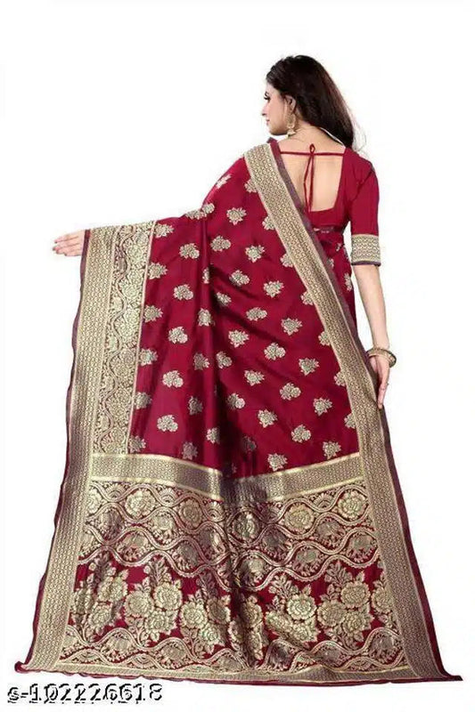 Banarasi Silk Saree With Blouse For Women (Red, 6.3M) 6706
