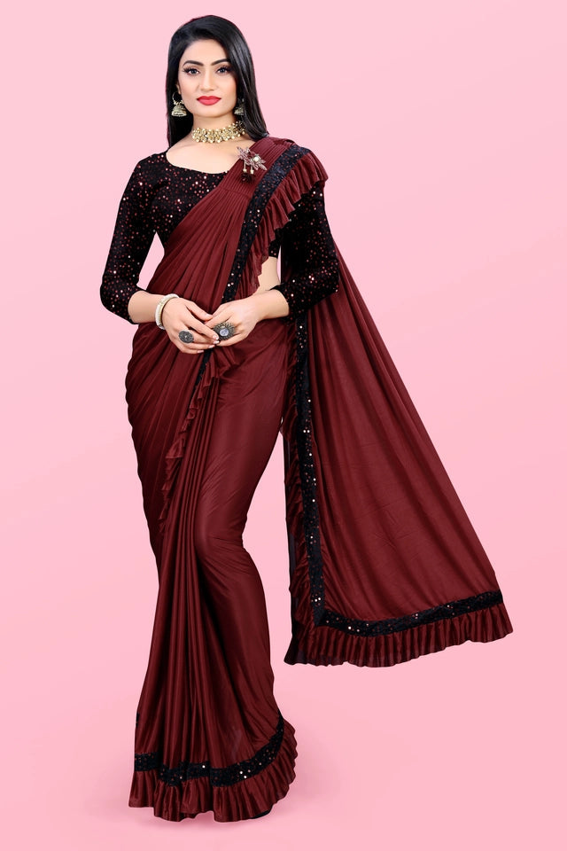 Lycra Blend Solid Saree for Women (Maroon, 6.3 m) 6706