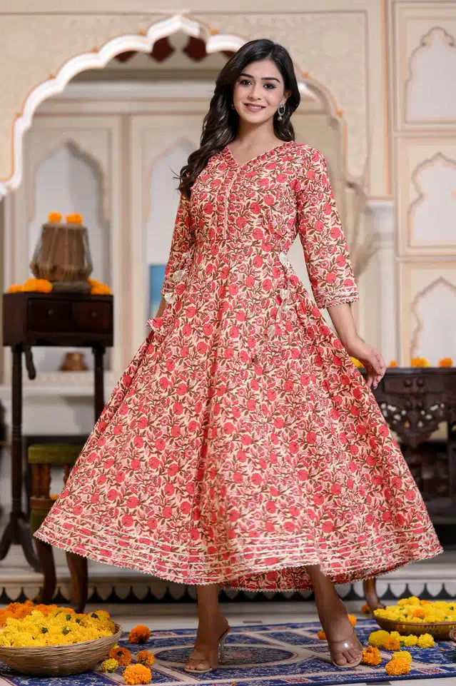 Cotton Printed Anarkali Kurti for Women (Red, M) 5873