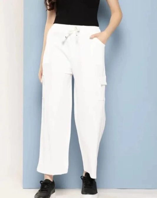 Cotton Blend Straight Fit Trouser for Women (White, S) 18594