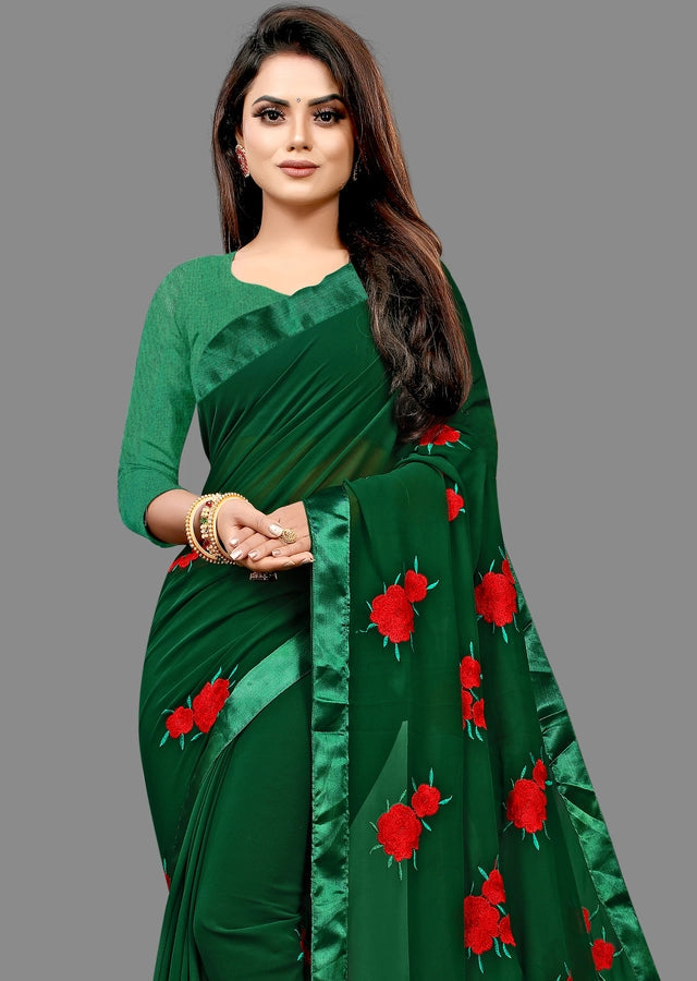 Georgette Embroidered Saree for Women (Olive, 6.3 m) 6706