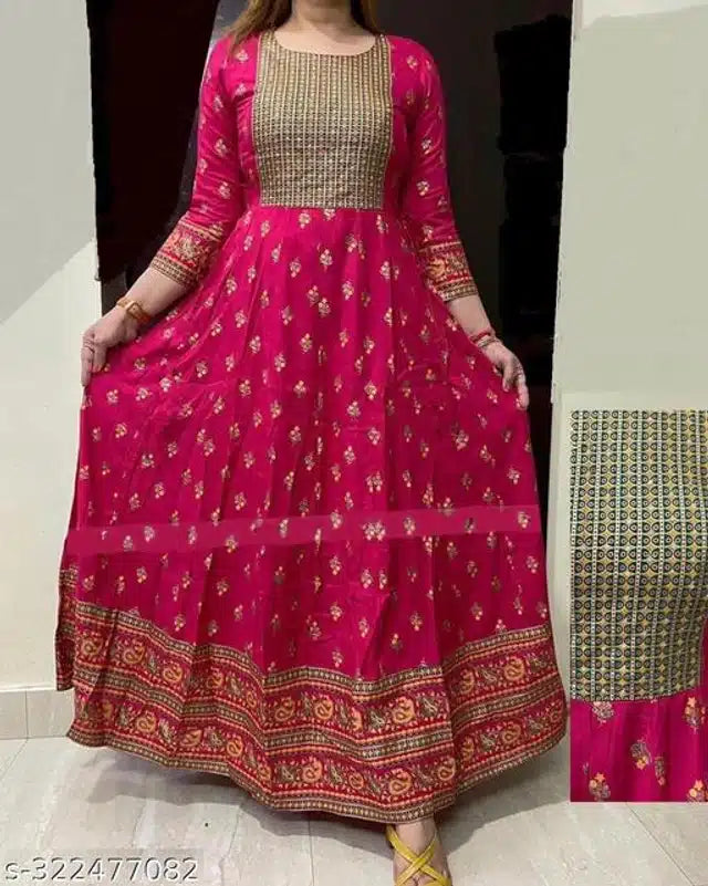 Anarkali Rayon Printed Kurti for Women (Dark Pink, S) 13975
