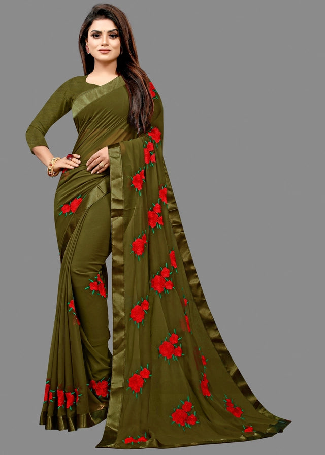 Georgette Embroidered Saree for Women (Olive, 6.3 m) 6706