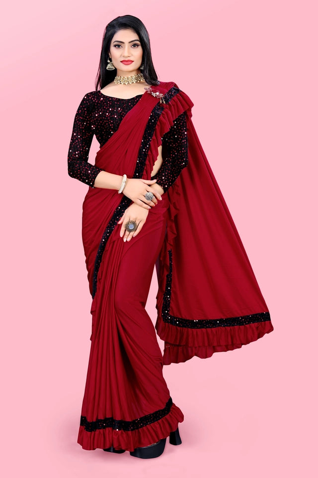 Lycra Blend Solid Saree for Women (Maroon, 6.3 m) 6706