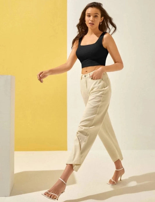 Cotton Blend Solid Top for Women (Black, S) 18594