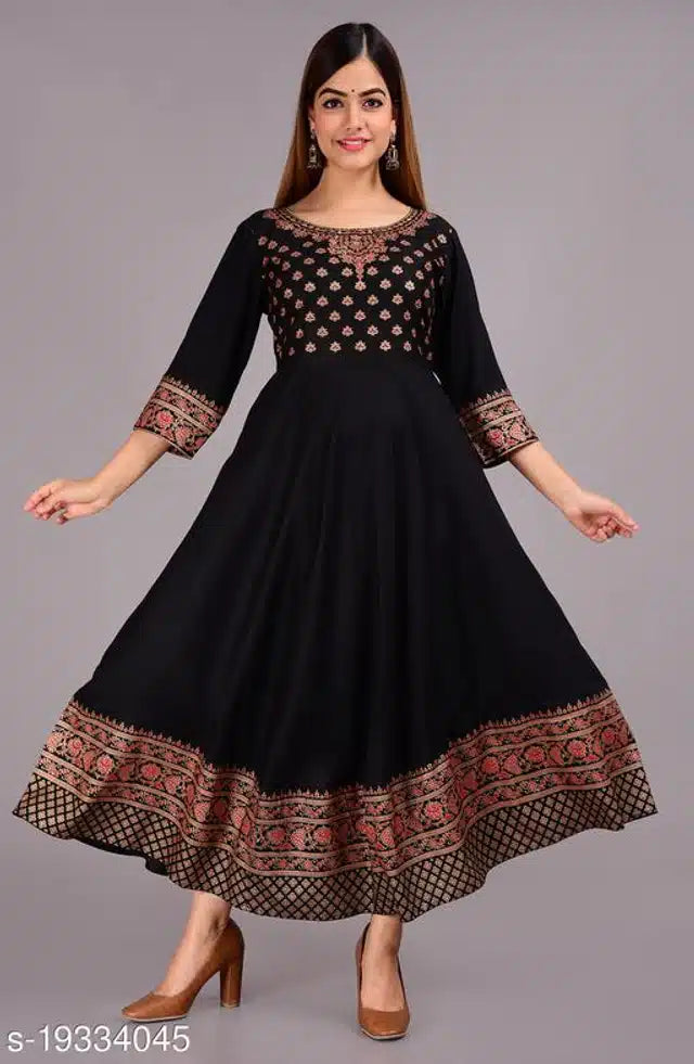 Rayon Printed Anarkali Kurti for Women (Black, S) 14048