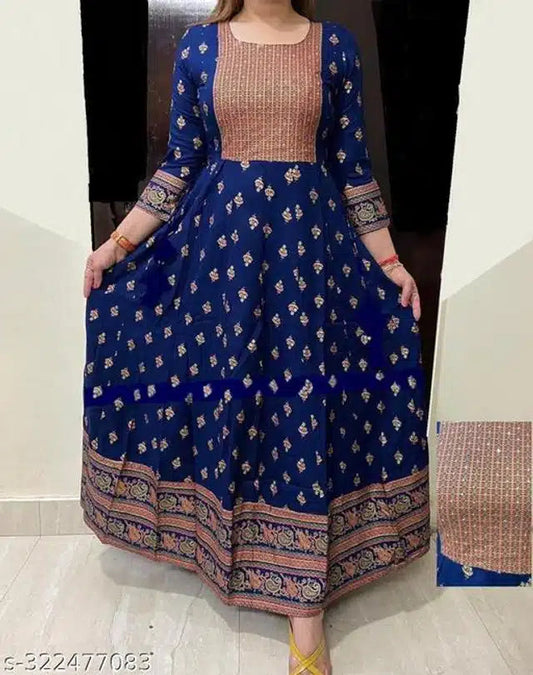 Anarkali Rayon Printed Kurti for Women (Royal Blue & Peach, S) 13975