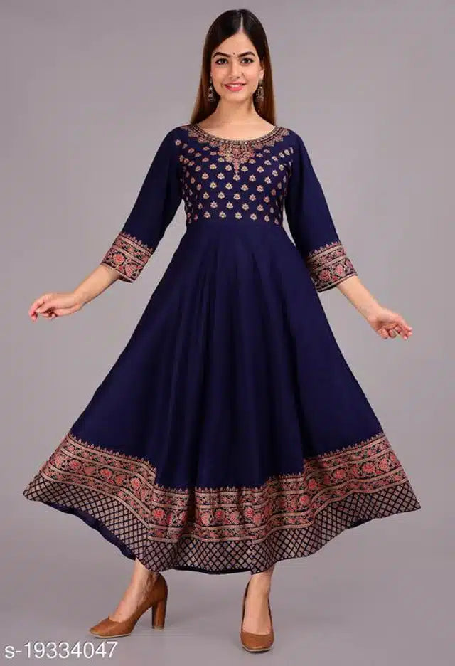Rayon Printed Anarkali Kurti for Women (Blue, S) 14048
