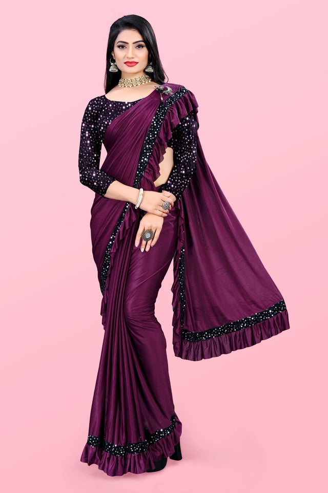 Lycra Blend Solid Saree for Women (Maroon, 6.3 m) 6706