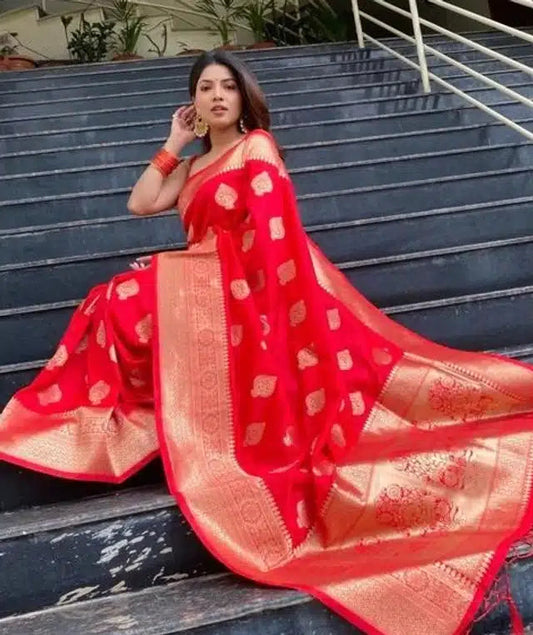 Jacquard Printed Saree for Women (Red, 6.3 m) 6706