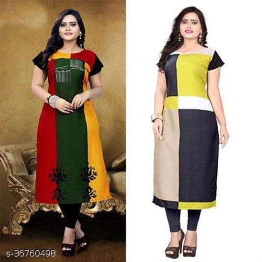 Crepe Printed Kurti for Women (Green & Yellow, M) (Pack of 2) 1457